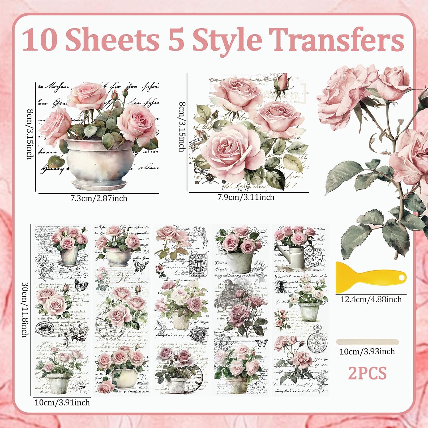 WANDIC 10 Sheets Rub On Transfer Stickers, Vintage Pink Rose Decals Fashionable Waterproof Transfers for Furniture Table Water Bottle DIY Craft, 11.8 * 3.9in
