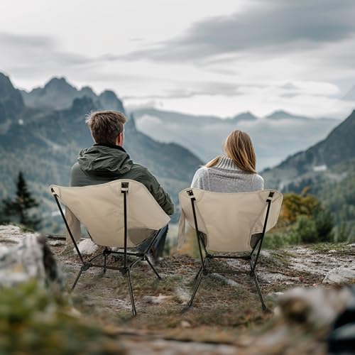 Lightweight Camping Chairs with Adjustable Height, Portable Camping Chairs for Adults with Carry Bag and Side Pockets, Folding Chairs for Outside for Camping, Beach, Fishing, Trip, Picnic (Khaki)
