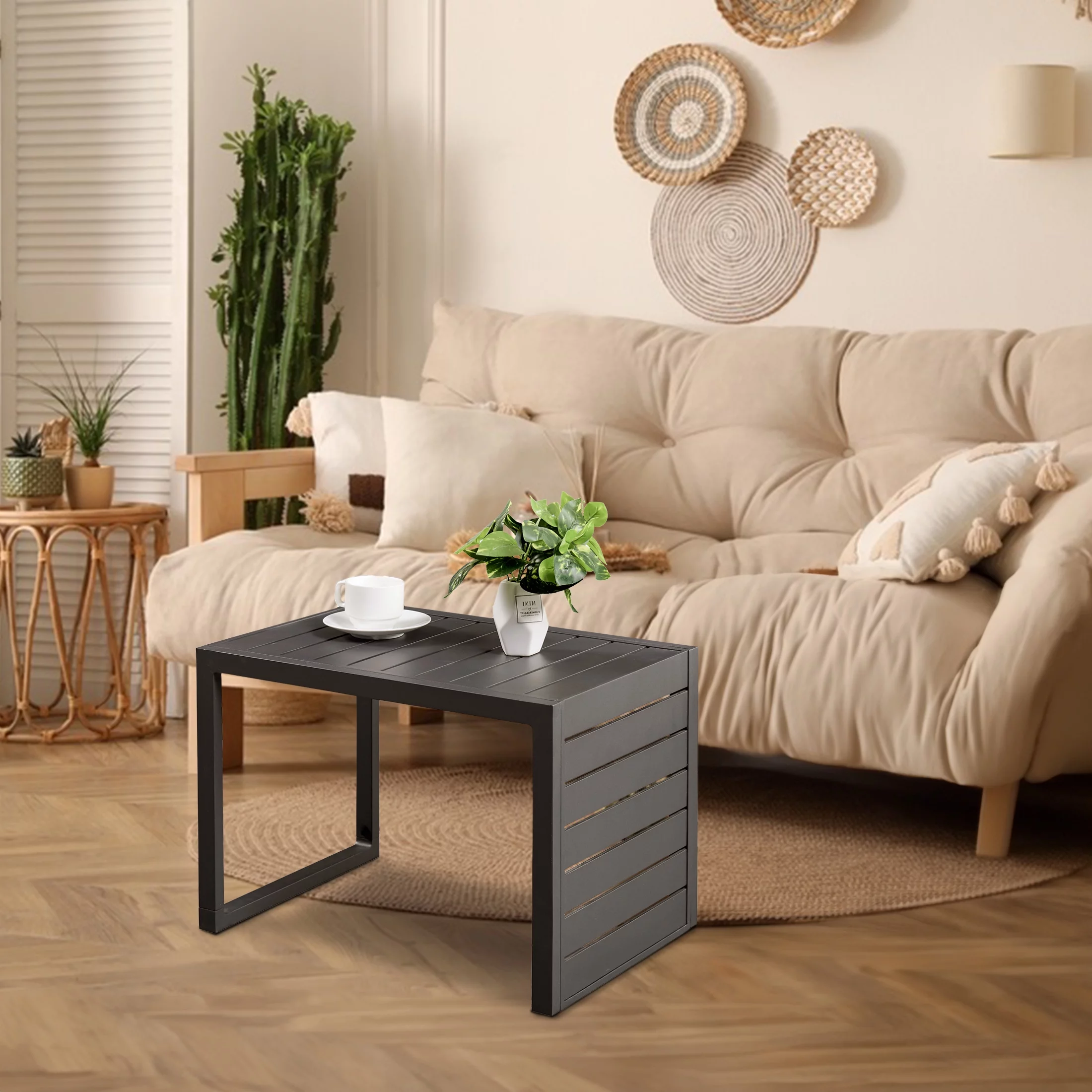 Efurden C Shaped Side Table, Outdoor Aluminum End Table Weather Resistant Small Patio Table for Porch Balcony (Dark Grey)