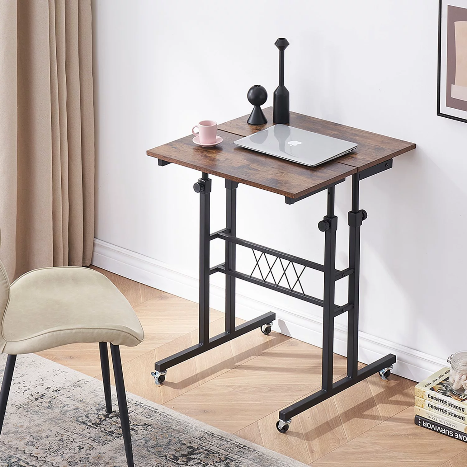 VECELO Height Adjustable Computer Desk Workstation with Rollable Casters for Home Office, Brown