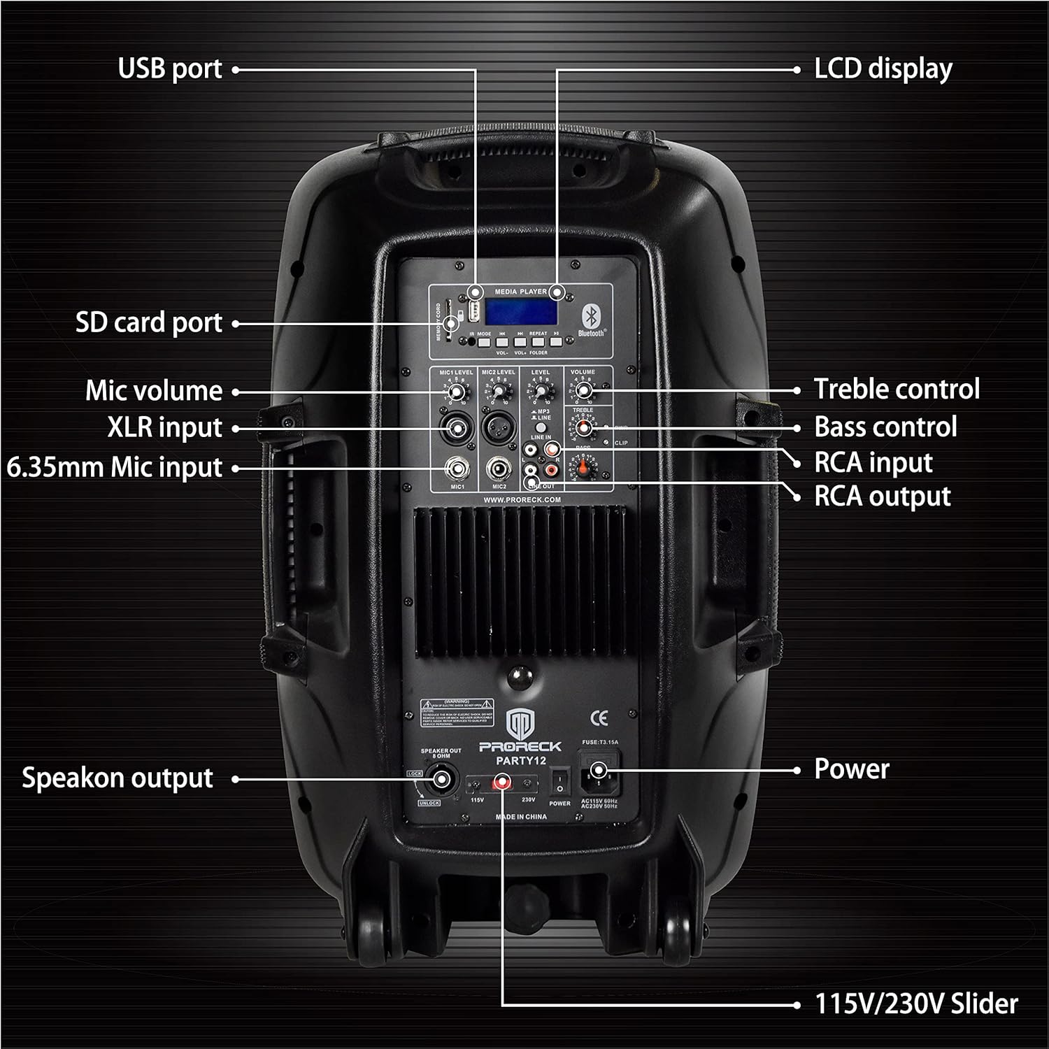 PRORECK Party 12 12-Inch 1000 Watts 2-Way Powered PA Speaker System Combo Set with Bluetooth/USB Drive Read Function/SD Card Reader/FM Radio/Remote Control/Speaker Stand