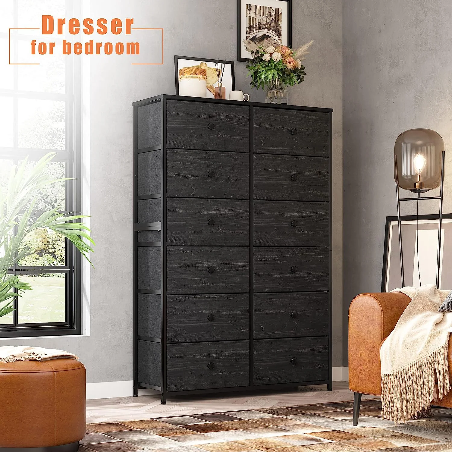 Tall Dressers for Bedroom, 12 Drawer with Wooden Top and Metal Frame, Fabric Dresser & Chest of Drawers for Closet Living Room, Black Wood Veins, 11.9