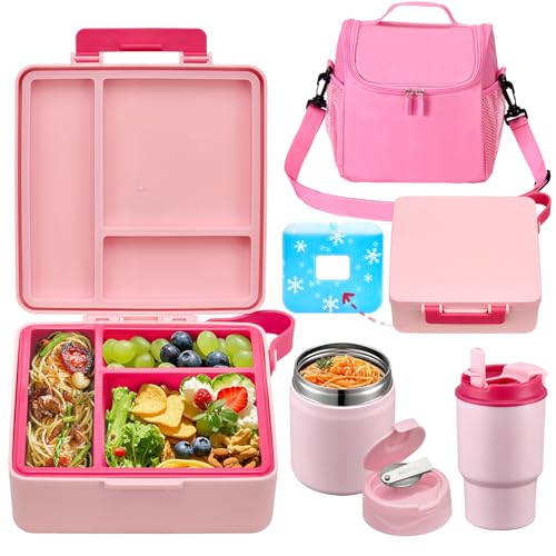 Bento Lunch Box for Kids with 17oz Soup Thermo,Insulated Tumbler Water Bottle and Insulated Lunch Bag,Leak-Proof 3 Compartment Lunch Food Container with with Ice Pack for Kids to School-Black