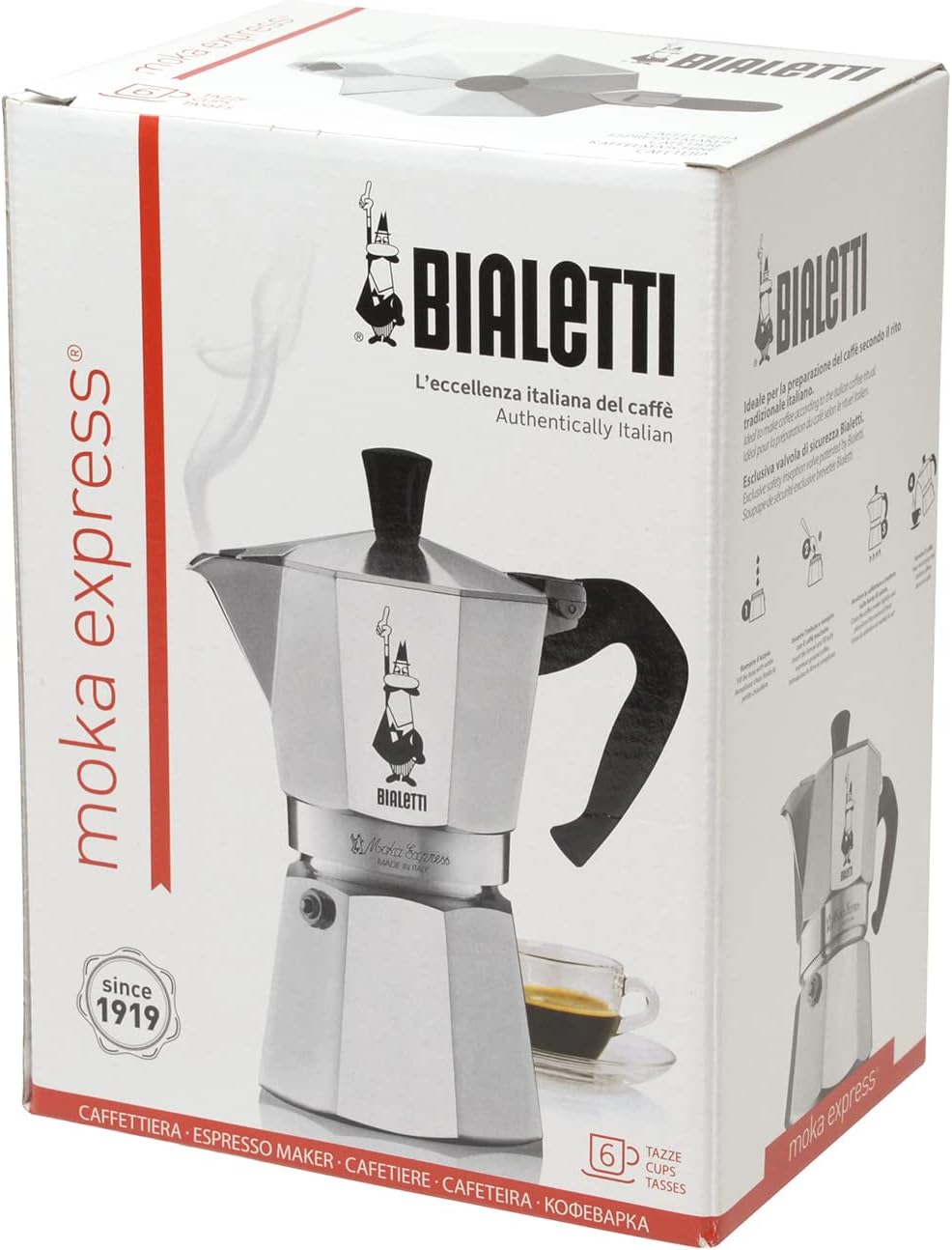 Bialetti - Moka Espress: Iconic Stovetop Espresso Maker, Makes Real Italian Coffee, Moka Pot 6 Cups (6 Oz), Aluminium, Silver