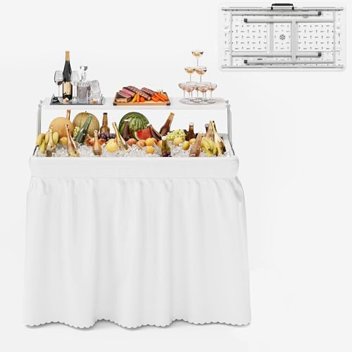 LHBcraft Folding Party Ice Cooler Table with Extra Storage Shelf, Portable Tailgate Camp Fishing Cleaning Table, Ice Table with Removable Skirt & Drain Hose, Cooler for Camping, Picnic,BBQ, White