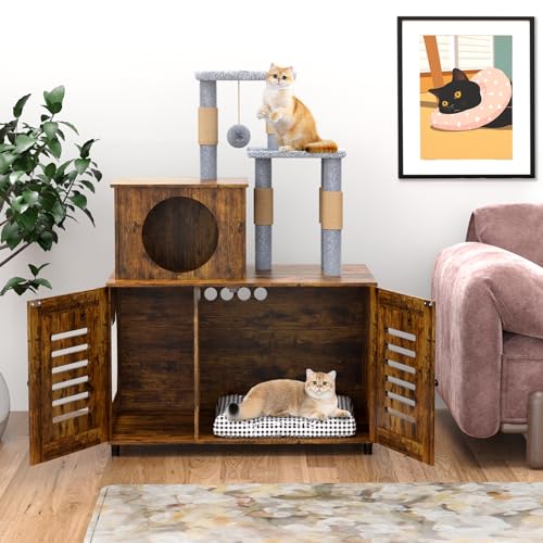 White All-in-one Cat Cabinet with Litter Box Enclosure, Scratching Post, Soft Plush Perch and Divider