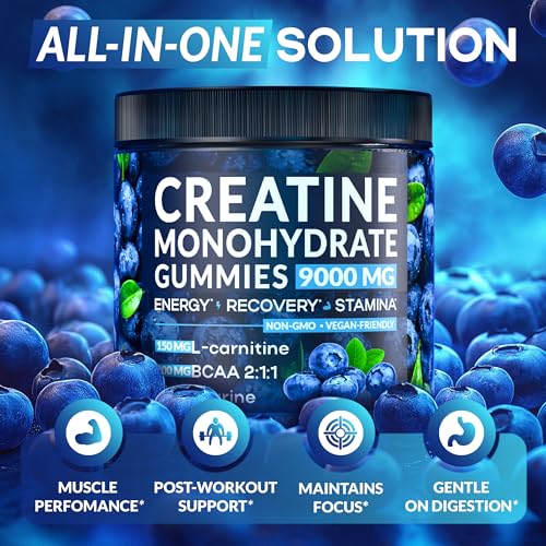 Creatine Monohydrate Gummies Complex 9000 mg – Creatine for Women & Men – Pre Workout Creatine Chews for Muscle Growth, Strength & Energy– 120 Count