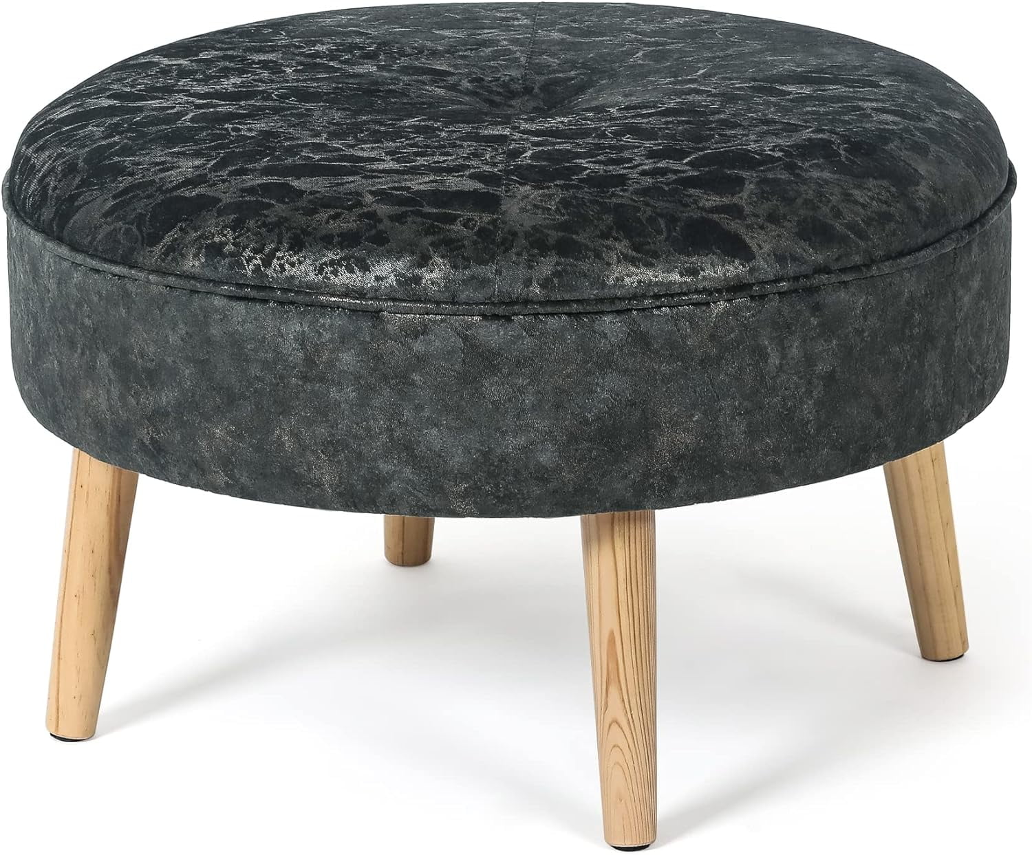 Small Round Ottoman, Velvet Upholstered Footrest Stool Seat With Wooden Legs, Vanity Stool Coffee Table For Bedroom Living Room (Grey-Gold)