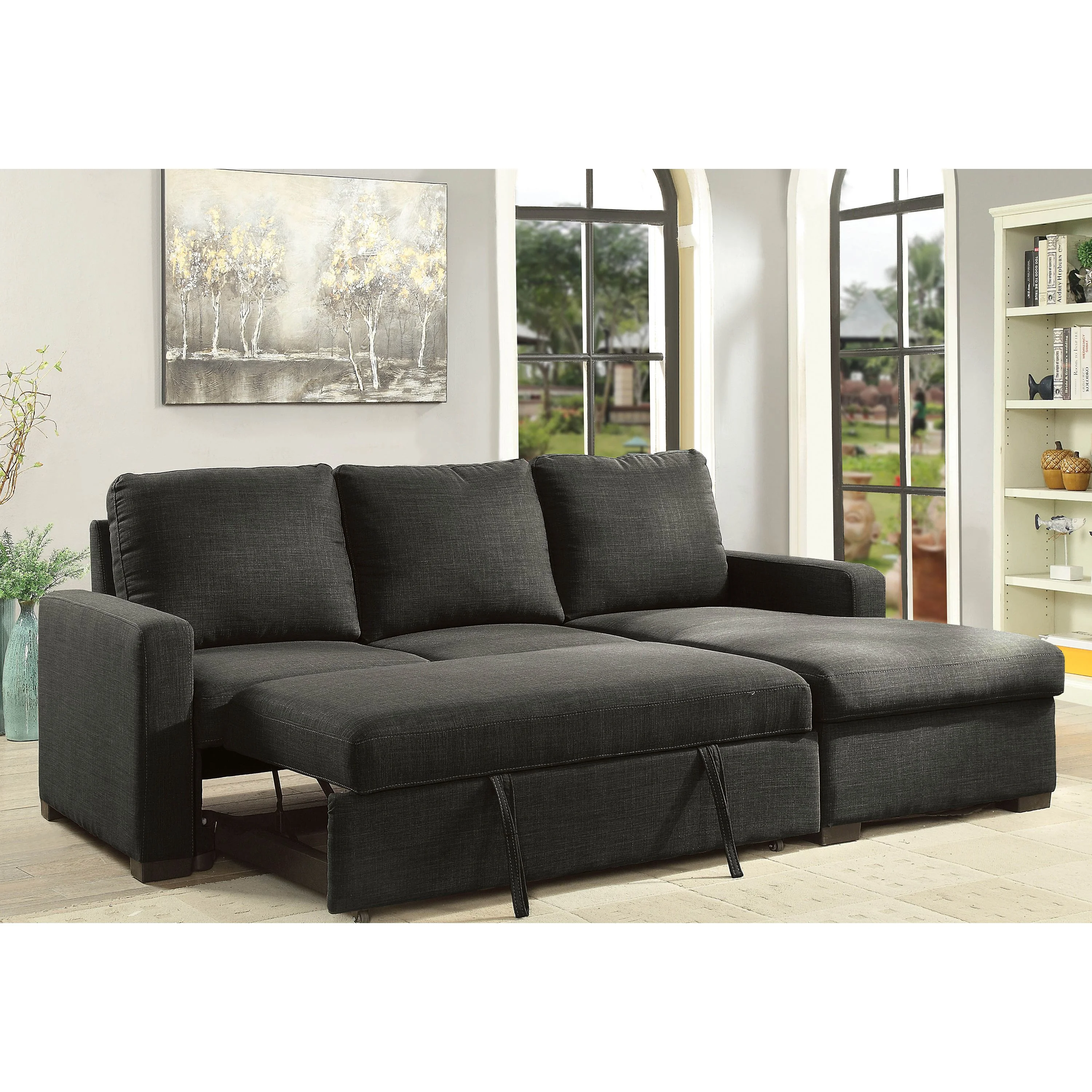 Furniture of America Transitional Faux Linen Packard Sectional, Dark Gray