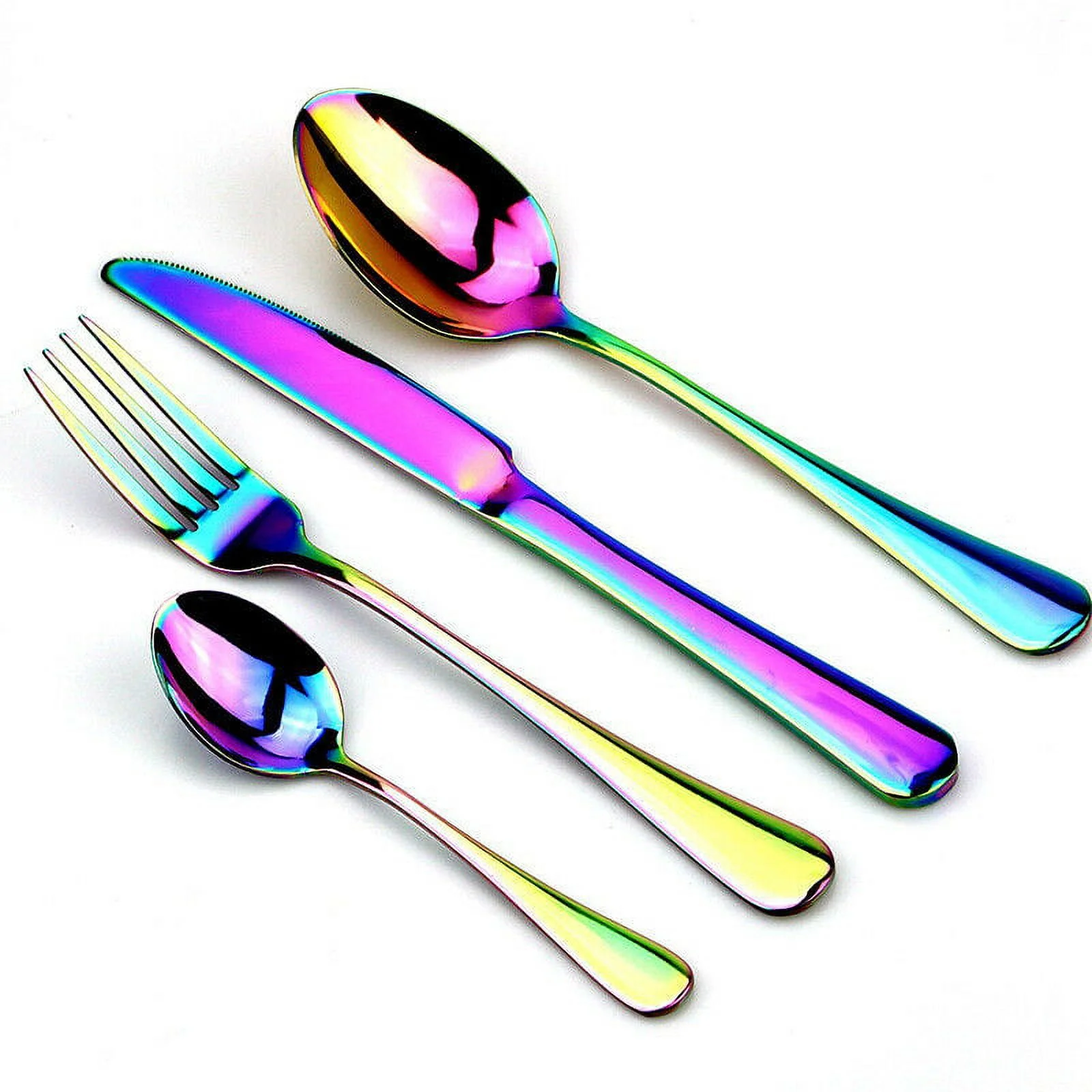 18/0 Stainless Steel Tableware Flatware Set Rainbow 24-Piece Including Table Knife, Dinner Forks, Soup and Dessert Spoons Use for Household Restaurant Outdoor Dishwasher Safe