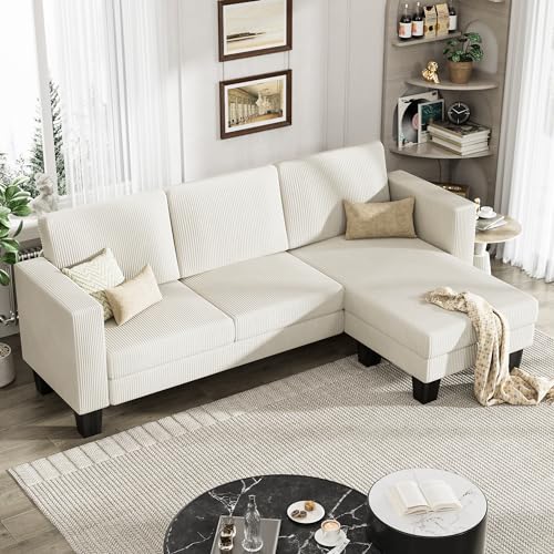 YESHOMY L-Shaped Convertible Sectional Sofa 3 Seater with Corduroy Fabric, Complete with Mobile Footrest, for Living Room, Apartment and Office, 70