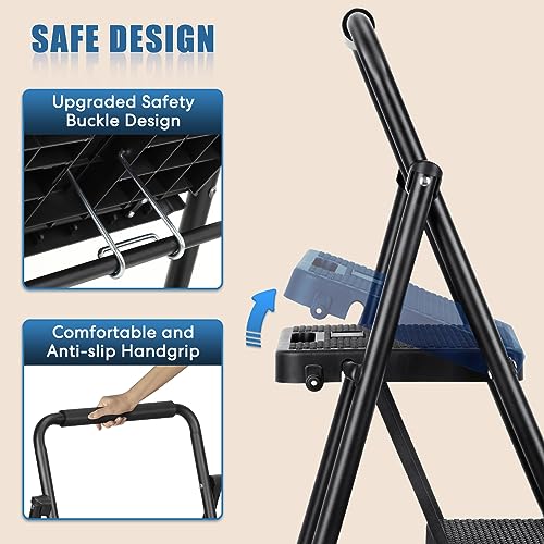 3 Step Ladder, Miscoos Folding Step Stool for Adults with Wide Anti-Slip Pedal, Sturdy Steel Ladder, Lightweight, Convenient Handgrip, Portable Kitchen& Household Small Step Ladder, Black