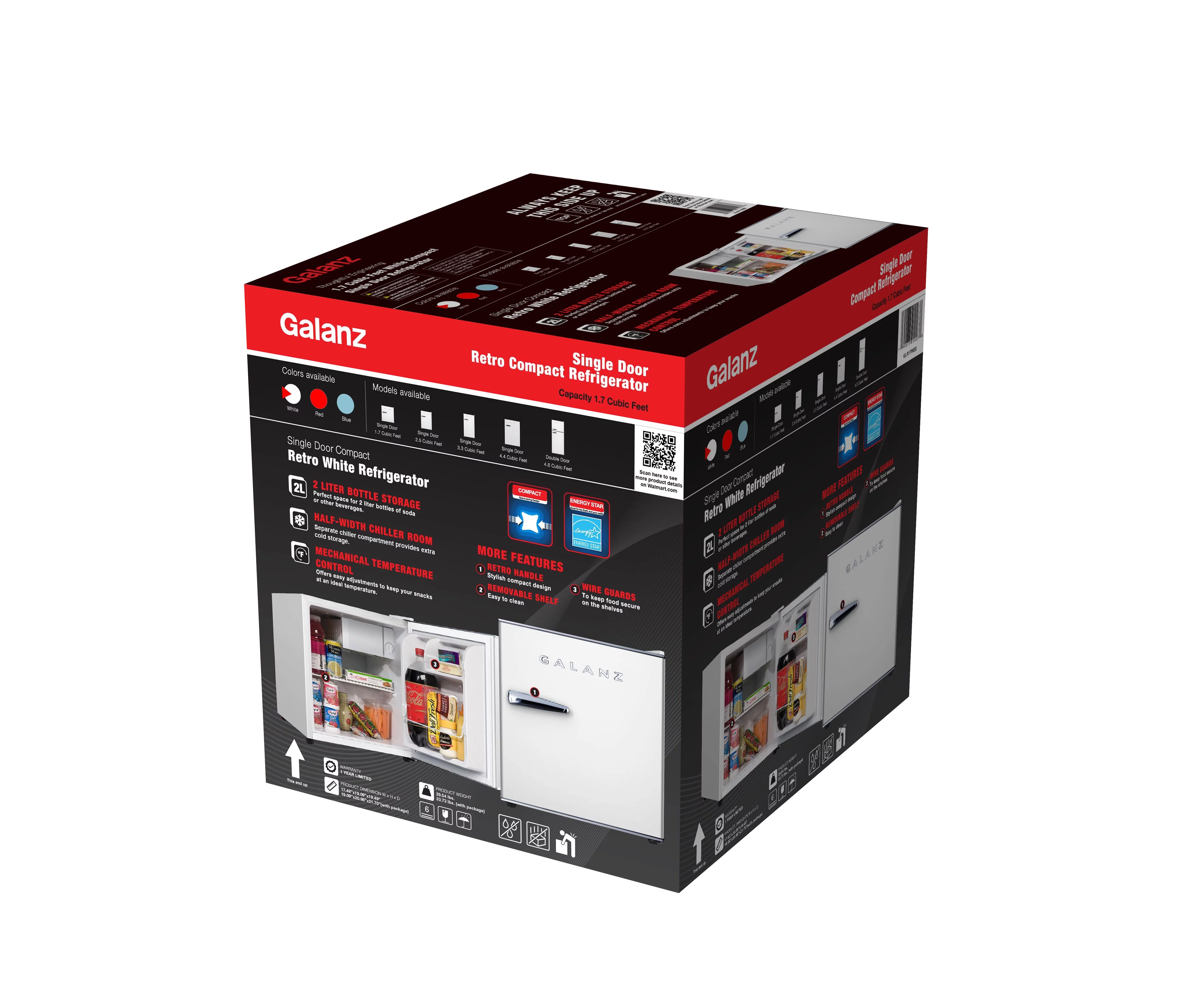 Galanz 1.7 Cu ft Mini Fridge Retro, White, New, Width 17.48