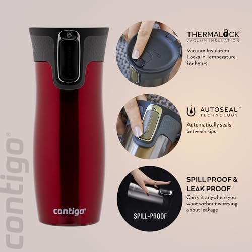 Contigo West Loop Autoseal Travel Mug, Stainless Steel Thermal Mug, Vacuum Flask, Leakproof Tumbler, Coffee Mug with BPA-Free Easy-Clean Lid