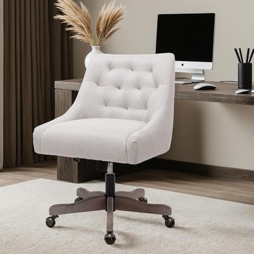 Swivel Home Office Chair, Modern Fabric Upholstered Tufted Accent Computer Desk Chairs with Ergonomic Wide Backrest and Wooden Legs, Height Adjustable Swivel Vanity Seat for Office, Beige