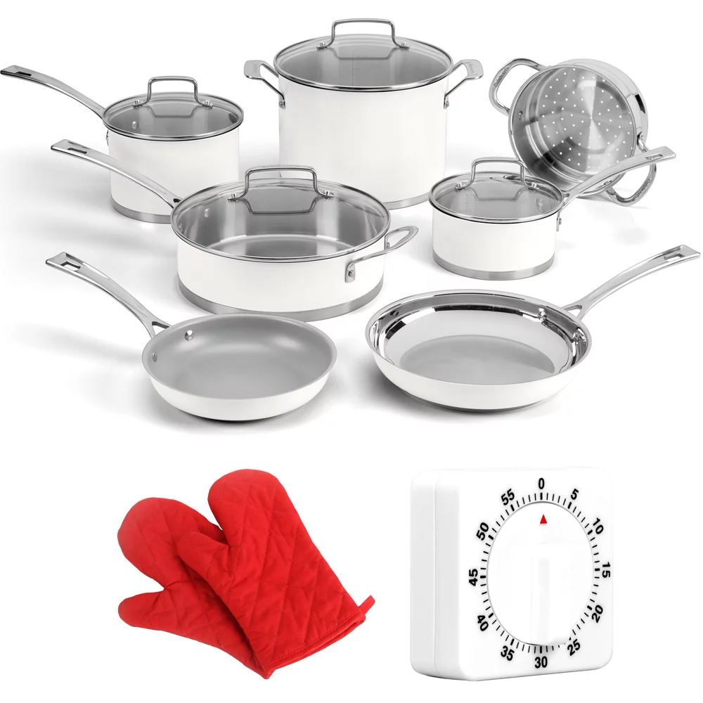 Cuisinart MW89-11 Professional Series 11-piece Cookware Set Matte White Bundle with Deco Chef Pair of Red Heat Resistant Oven Mitt and Deco Essentials Mechanical 60 Minute Kitchen Timer