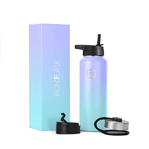 IRON °FLASK Camping & Hiking Hydration Flask with 3 Lids - Stainless Steel, Double Walled & Vacuum Insulated Water Bottle - Leak Proof & BPA Free (Midnight Black, Straw - 40 oz)