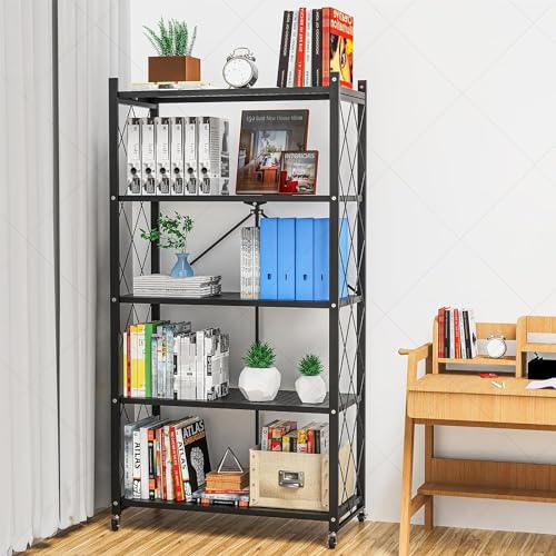 4-Tier Foldable Storage Shelf with Wheels - Metal Collapsible Shelving Unit Display, Rolling Cart for Books Kitchen Storage Shelves, Pantry & Closet Organizer, Office Room Decor - BLACK