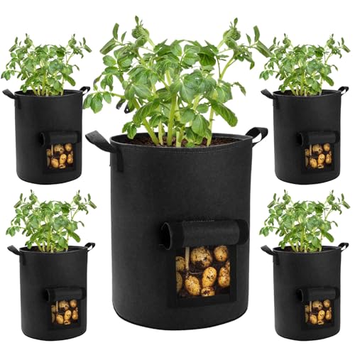 5 Pack 10 Gallon Potato Grow Bags with Flap and Handles, Heavy Duty Fabric Pots for Planting Potato, Carrots,Taro