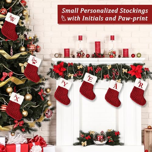 Red Dog Christmas Stocking with Pawprint, 8 Inches Mini Embroidered Monogram Plush Knitted Stockings, Small Personalized Xmas Stocking for Pet Christmas Decoration Ornaments