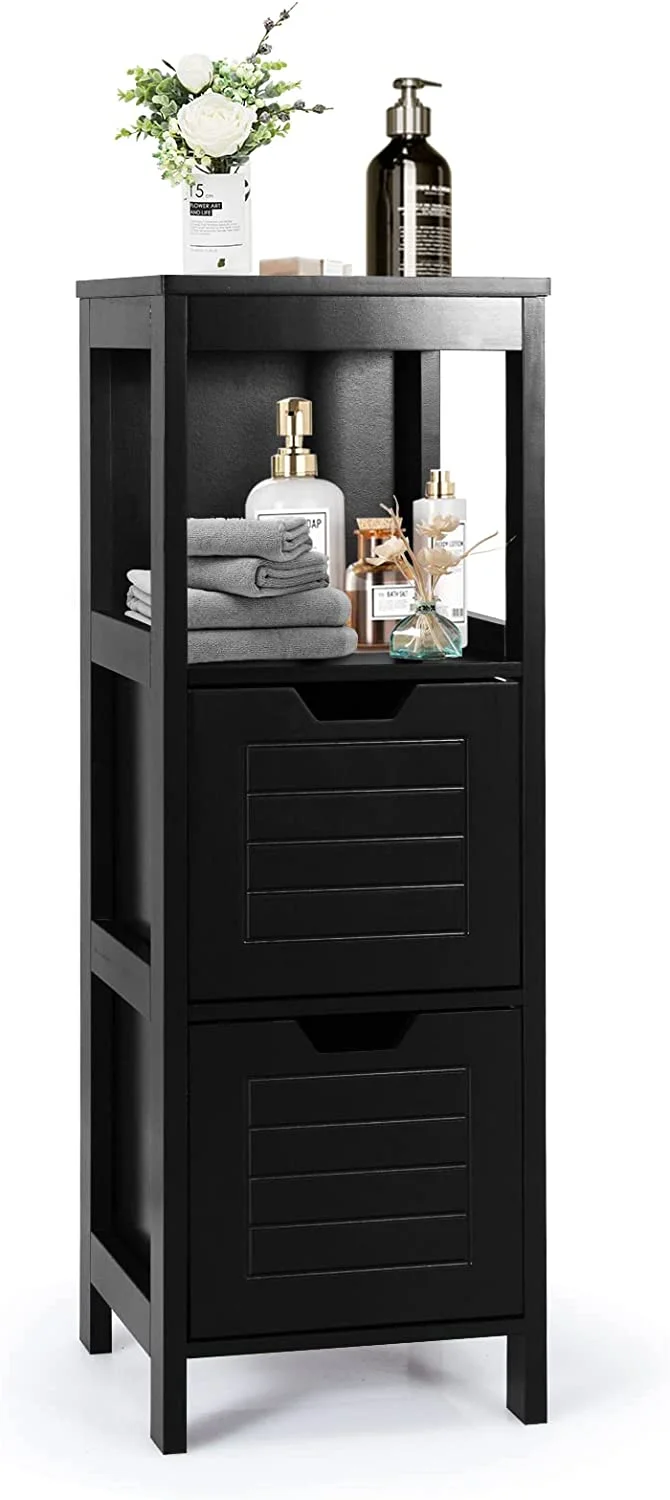 Bathroom Storage Cabinet, Freestanding Wooden Side Storage Cabinet with 2 Adjustable Drawers, Space-Saving Floor Cabinet for Living Room Bathroom Bedroom Entryway (Black)