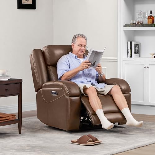 Watson & Whitely Genuine Leather Power Recliner Chairs for Adults, Wall Hugger RV Recliner with Power Headrest & Charging Ports, Electric Recliner Sofa Chair for Living Room, Dark Brown
