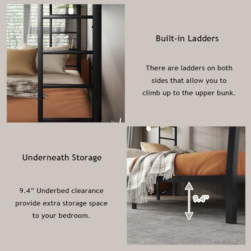 Heavy Duty Bunk Bed Frame with Ladder, Twin XL Over Twin XL Bunk Beds with Safety Guardrails, Adults Bunk Beds with Noise-Reducing Rubber Stoppers, Easy Assemble, Black