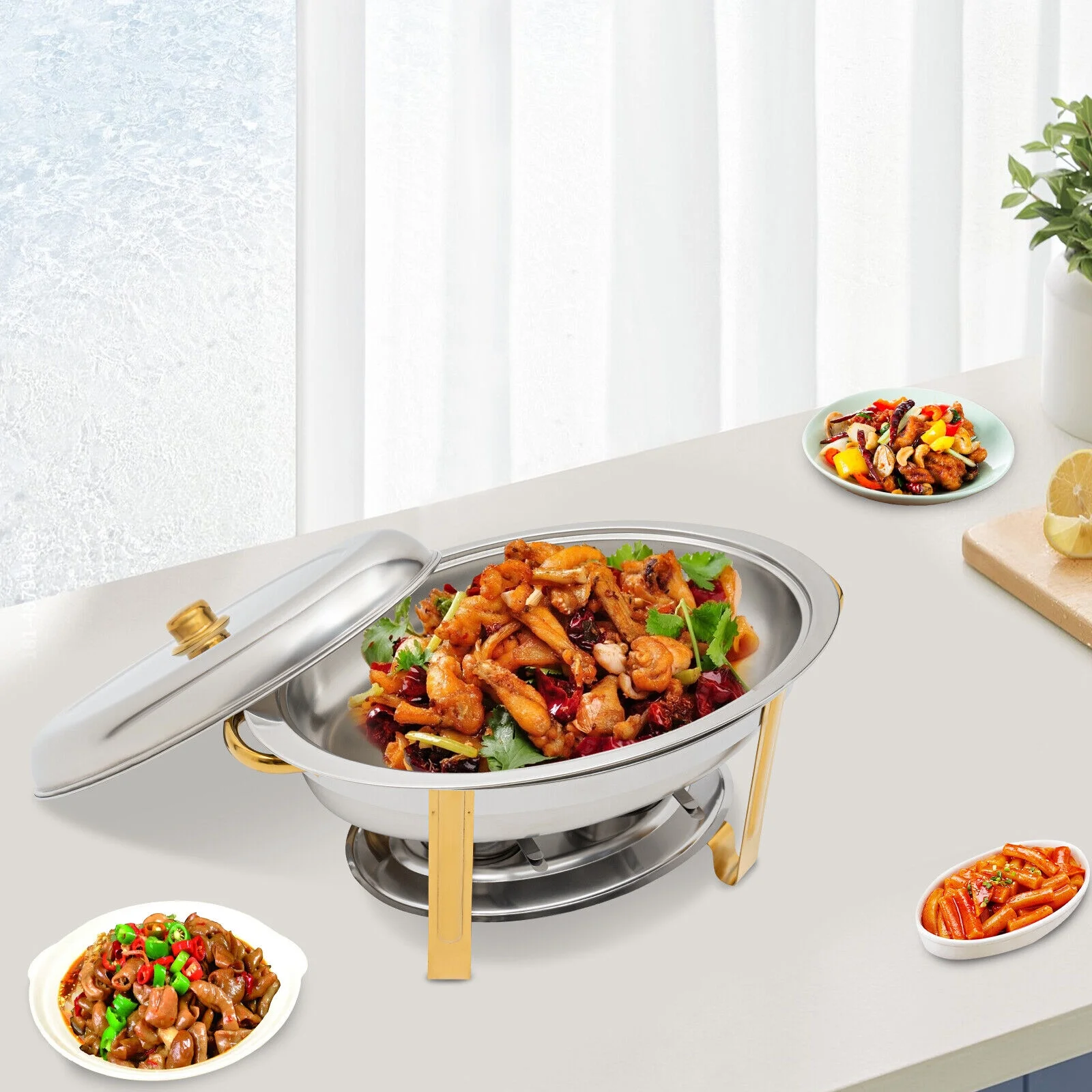 5.5L Stainless Steel Chafing Dish Buffet Set Oval Round Chafer BBQ Party W/ Lid