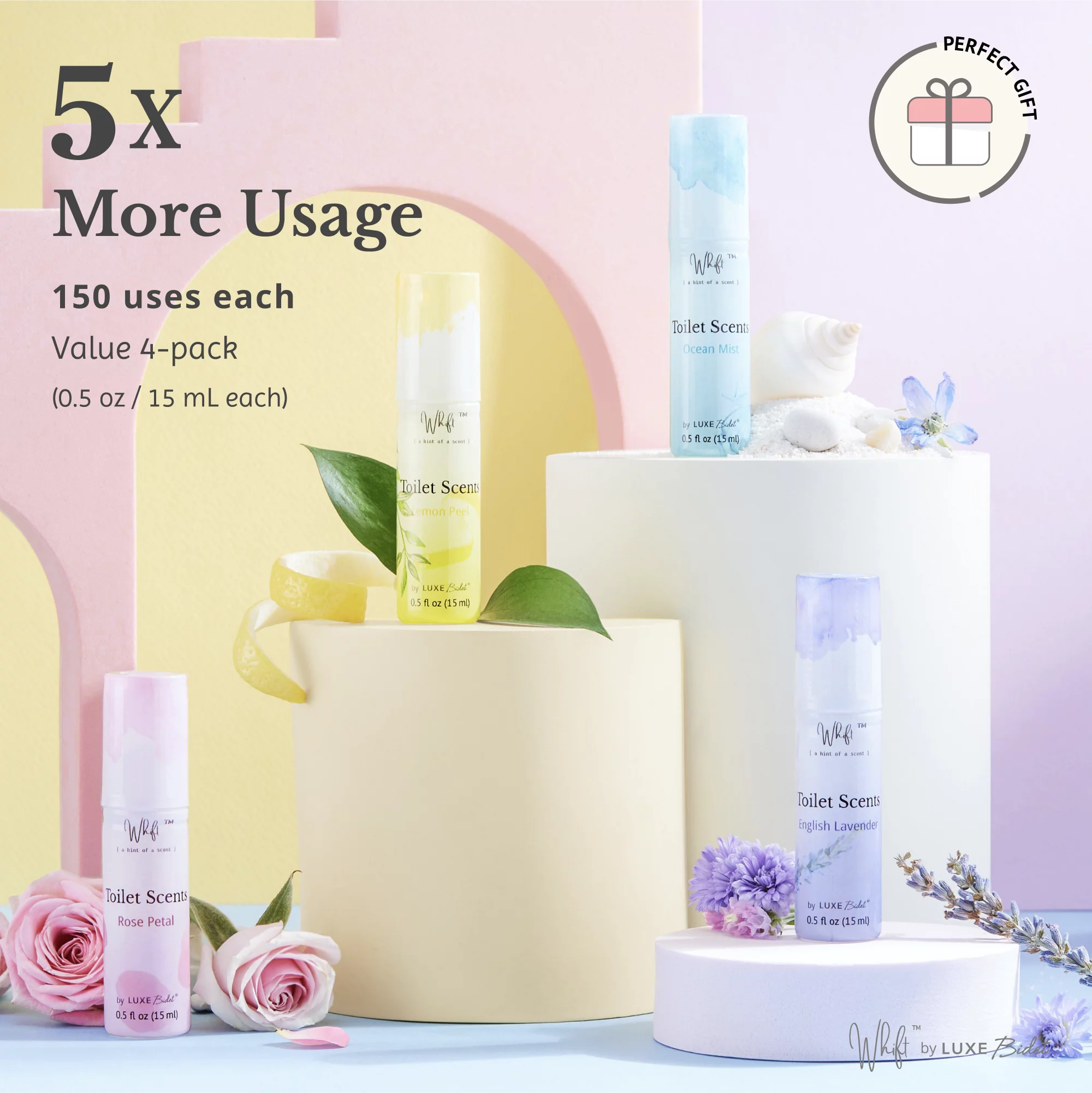 Whift Toilet Scents Drops by LUXE Bidet, Value 4-Pack (Rose Petal, Lemon Peel, English Lavender, Ocean Mist) 0.5 oz / 15 mL each