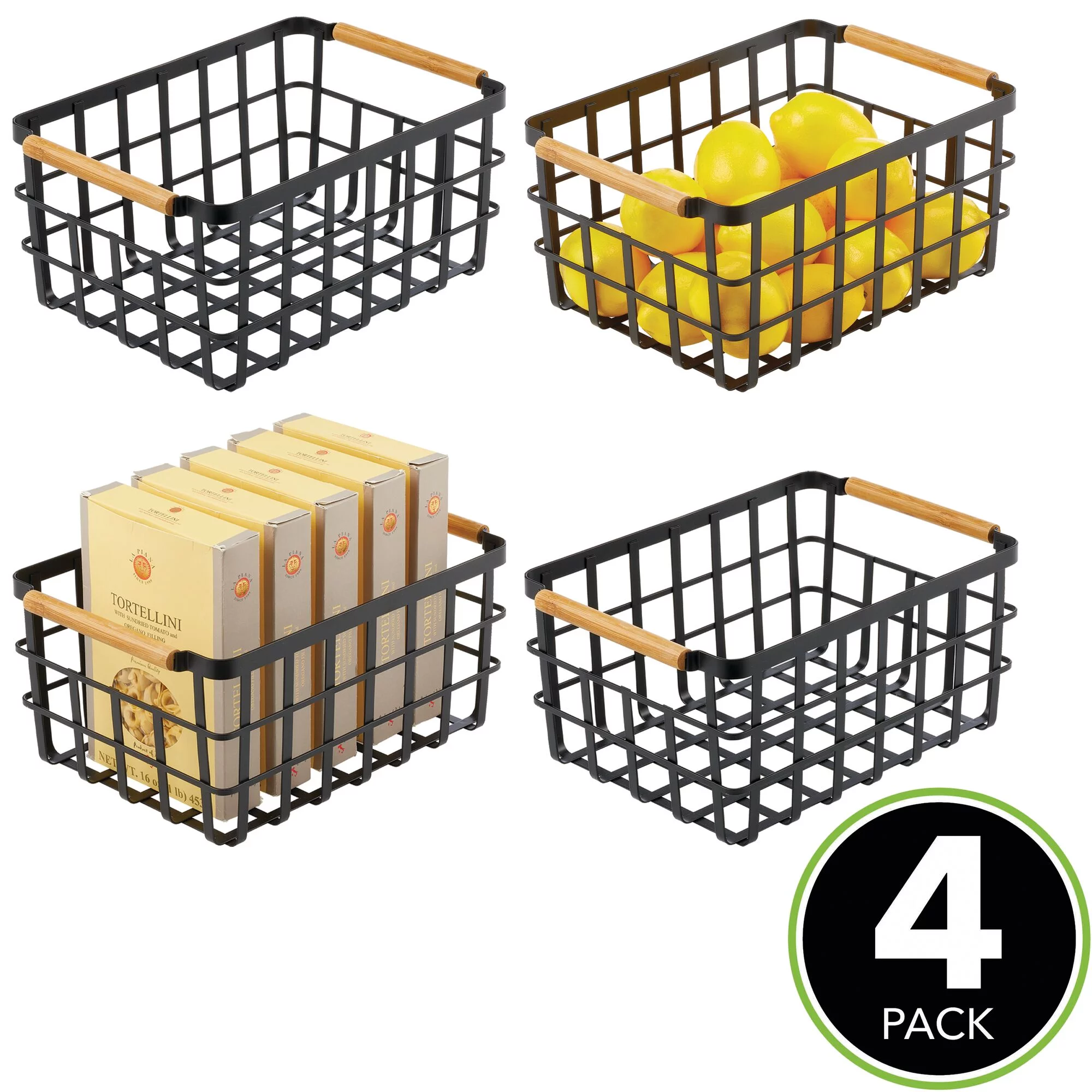 mDesign Metal Food Organizer Storage Basket - 4 Pack - Matte Black/Natural