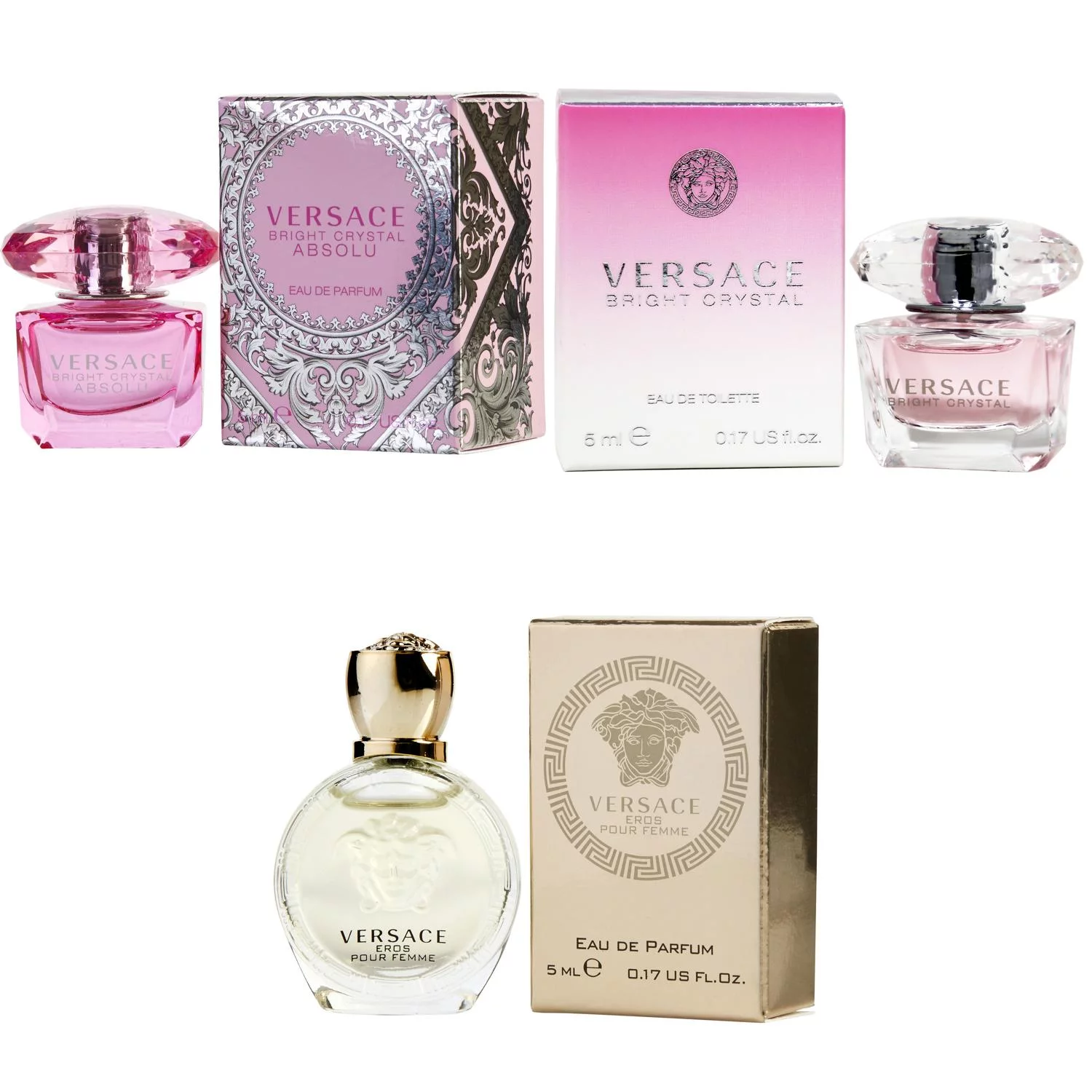 Versace Bright Crystal Absolu EDP, Bright Crystal EDT, Eros Women EDP  - 5ml 3PK Kit