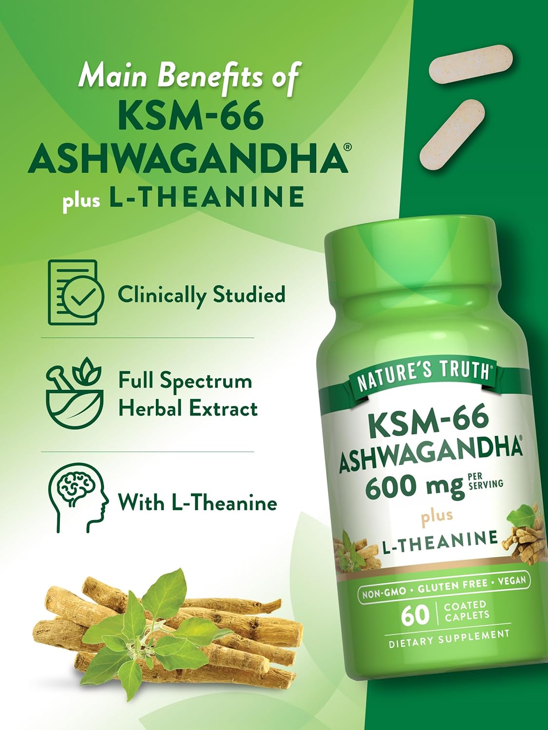 Nature's Truth KSM-66 Ashwagandha | 60 Capsules | with L-Theanine | Non-GMO & Gluten Free Supplement