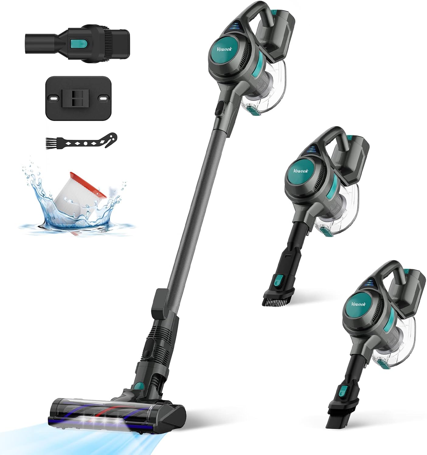 Cordless Vacuum Cleaner, Voweek Stick Vacuum Lightweight for Hard Floor Carpet Pet Hair in 2 Motors, Household Vacuum Cleaner with LED & HEPA Filter, Handheld Vac 1.3L Big Capacity Wide Brush 6 in 1