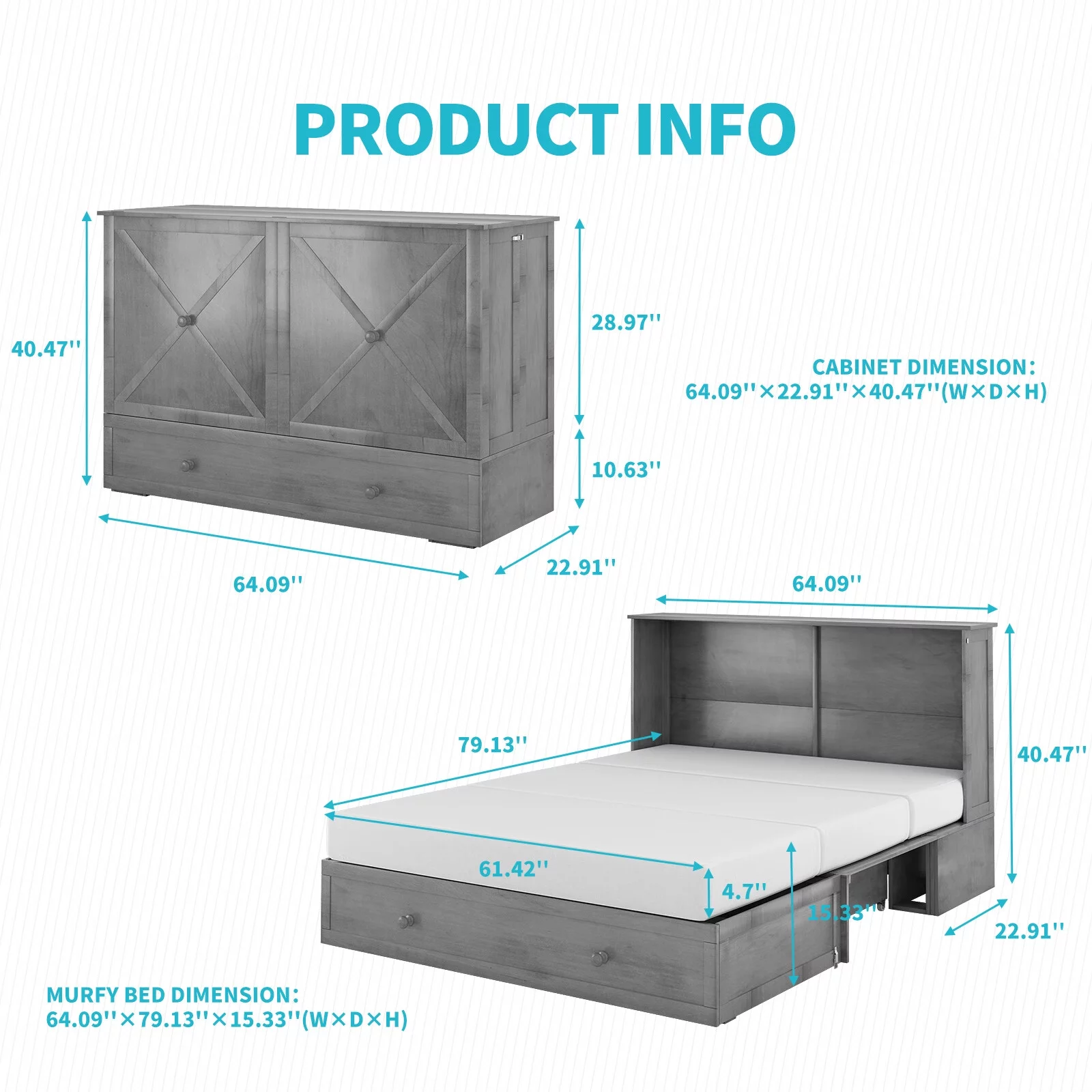 CECER Murphy Bed Chest, Cabinet Bed with Trifold Foam Mattress, Queen Murphy Cube Cabinet Bed with USB Charging Station and Large Storage Drawers for Bedroom/Office-Grey
