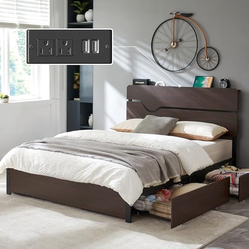 Queen Size Bed Frame with 4 Storage Drawers, Platform Bed Frame with Storage Headboard & Charging Station, Heavy Duty Metal Slats/Noiseless/No Box Spring Needed/Easy Assembly, Walnut Color