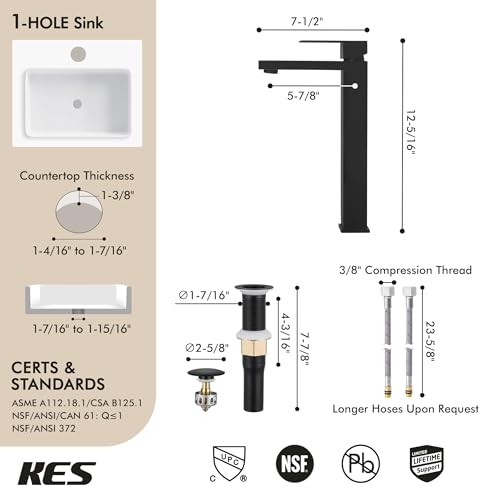 KES Vessel Sink Faucet, Black Bathroom Faucets, Tall Bathroom Faucets with Sink Drain with Overflow, L3156BLFF12-BK-C1