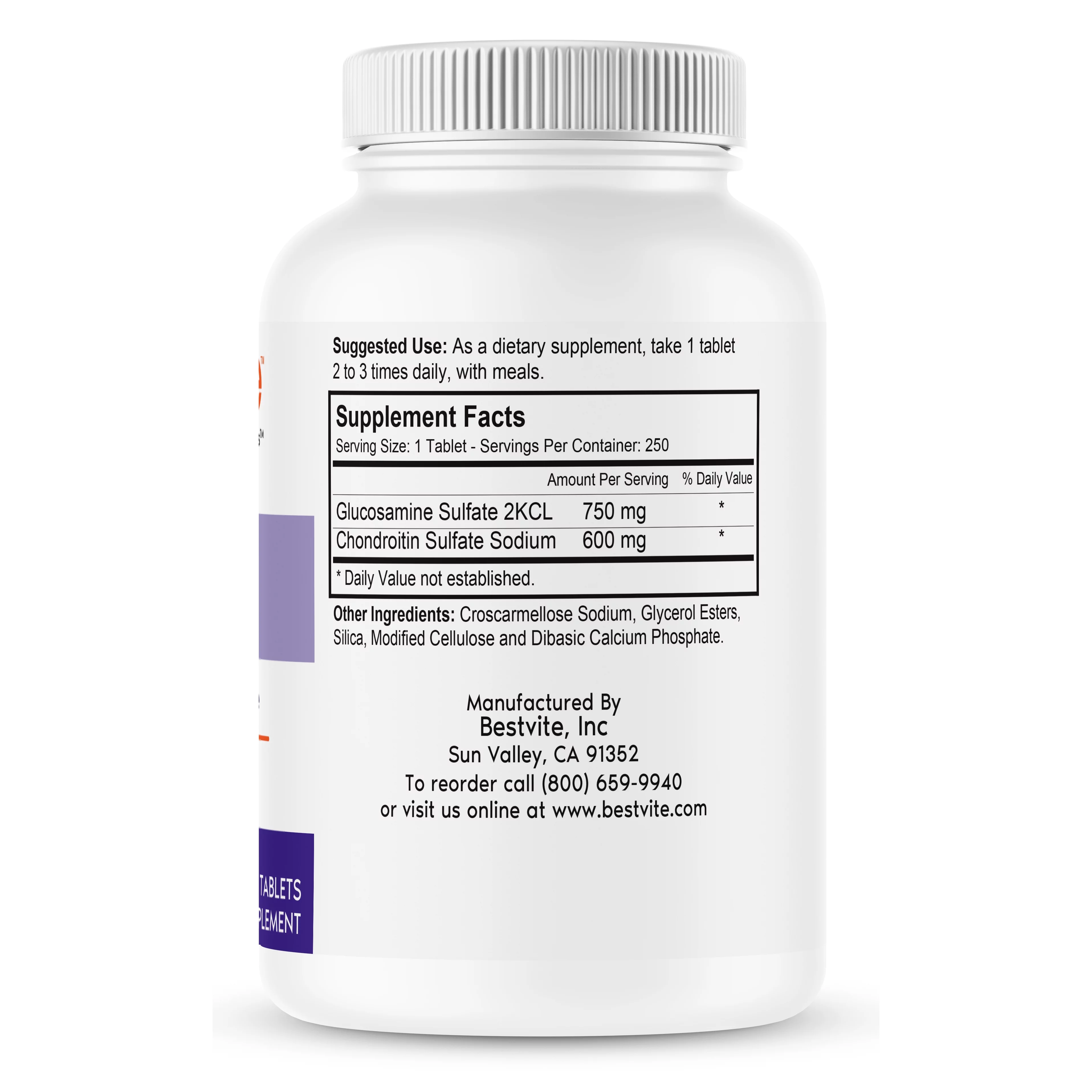 Glucosamine & Chondroitin Sulfate 750/600 Triple Strength (250 Tablets)-Joint Support-No Stearates-Gluten Free
