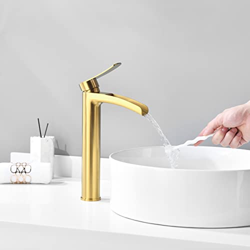 Phiestina Brushed Gold Tall Bathroom Vessel Sink Faucet, Single Hole Single Handle Waterfall Modern Bathroom Faucet, with Pop Up Drain and Water Supply Line, NS-SF01-BG-V