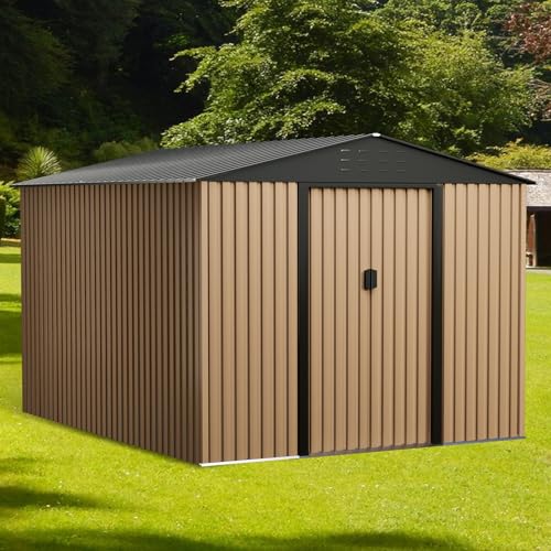 Metal Garden Shed, Outdoor Storage Shed, 10FT x 8FT Sheds & Outdoor Storage, Metal Utility Tool Storage Shed with Door Lock, Waterproof Roofs, for Backyard Garden Patio Lawn, Brown