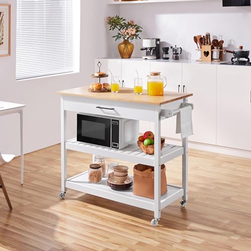Yaheetech Kitchen Island Cart on Wheels with Bamboo Tabletop, 3-Tier Rolling Kitchen Island Microwave Cart with Drawer, Detachable Towel, 3 Hooks, 17