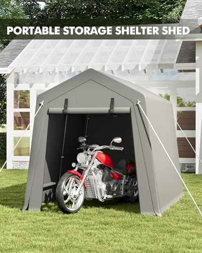 Storage Sheds 6x8 FT, Portable Shed with Rolled up Zipper Door, Waterproof, Storage Tent Heavy Duty for Motorcycle, Bike, Firewood, Garden Tools, Grey