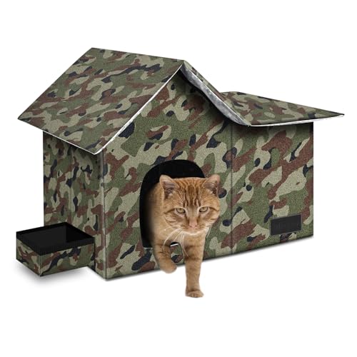 Cat Houses for Outdoor Cats-Large Weatherproof Cat Bed for Indoor Cats,Collapsible Warm Feral Cat Shelter with Removable Soft Mat and Bowl for Winter (Camo, Large)