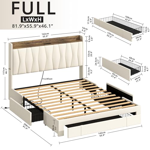 ANCTOR Queen Bed Frame with 3 Drawers, Upholstered Platform Bed with Storage Headboard and Charging Station, No Box Spring Needed, Easy Assembly, Beige
