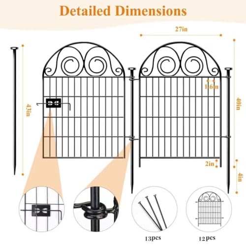 Tall Garden Animal Barrier Fence With Gate,40 in(H)×27 in(L) 12 Panels Dog Digging Fence Barrier, Black Metal Temporary Fences, Reusable Defense Fencing For Outdoor Yard. Total 26.2 Ft│Patented