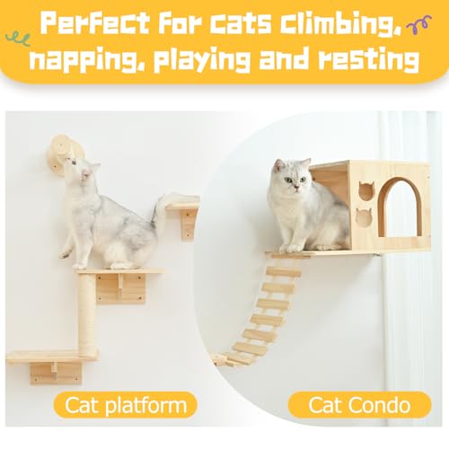 Cat Wall Shelves 9pc, Wall Mounted Cat Climbing Shelves, Wooden Cat Furniture with 2 Condo Houses, 3 Perches, 2 Bridge Ladders and 2 Scratching Posts