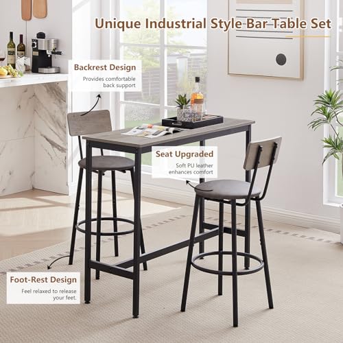 Tatub Bar Table with Stools Set of 2, Industrial 3 Piece Counter Height Small Dining Sofa Table and Chairs Set of 2, Brown