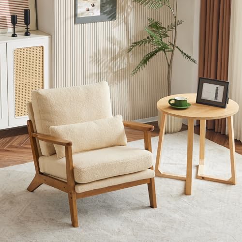 VINGLI Solid Wood Wide Armrests Accent Chair,Upholstered Mid Century Modern Chair with Pillow,Comfy Reading Chair Farmhouse Arm Chair,Chairs Living Room,Bedroom,Guest Room,Linen Fabric,Beige