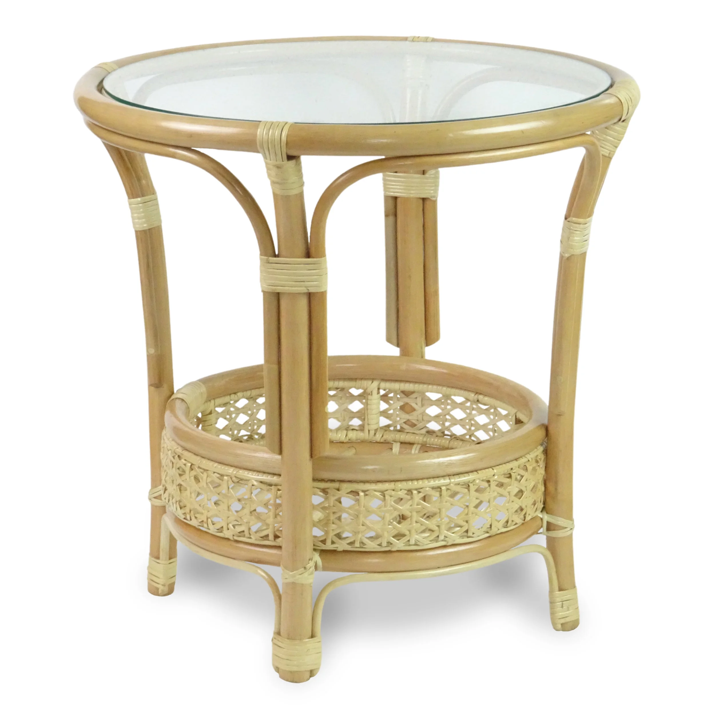 Pelangi Coffee Round Table Natural Rattan Wicker with Glass Top Handmade, Natural