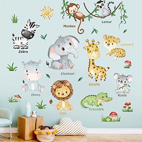 decalmile Forest Baby Animals Wall Decals Elephant Lion Giraffe Wall Stickers Baby Nursery Kids Room Daycare Wall Decor