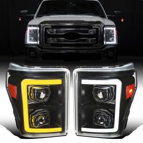 Fits 2011-2016 Ford F250 F350 F450 F550 Super Duty Dual Projector Headlights LED Switchback Sequential Turn Signals + Animated Startup Effect Assembly Pair | Black